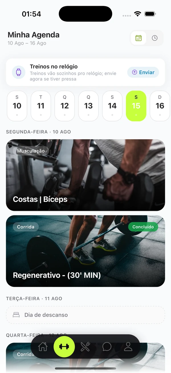 Agenda semanal do aluno, com o treino de musculação e o de corrida do dia