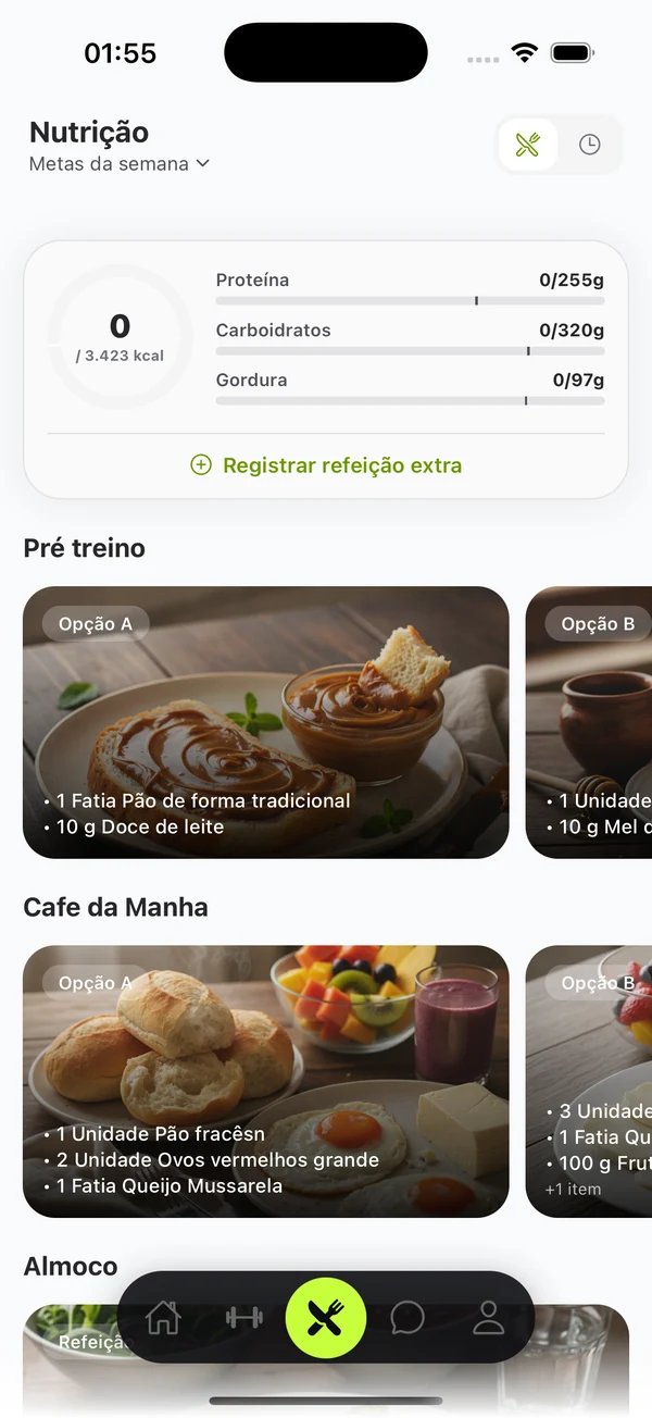 Plano alimentar do dia, com alternativa por refeição e metas de macros
